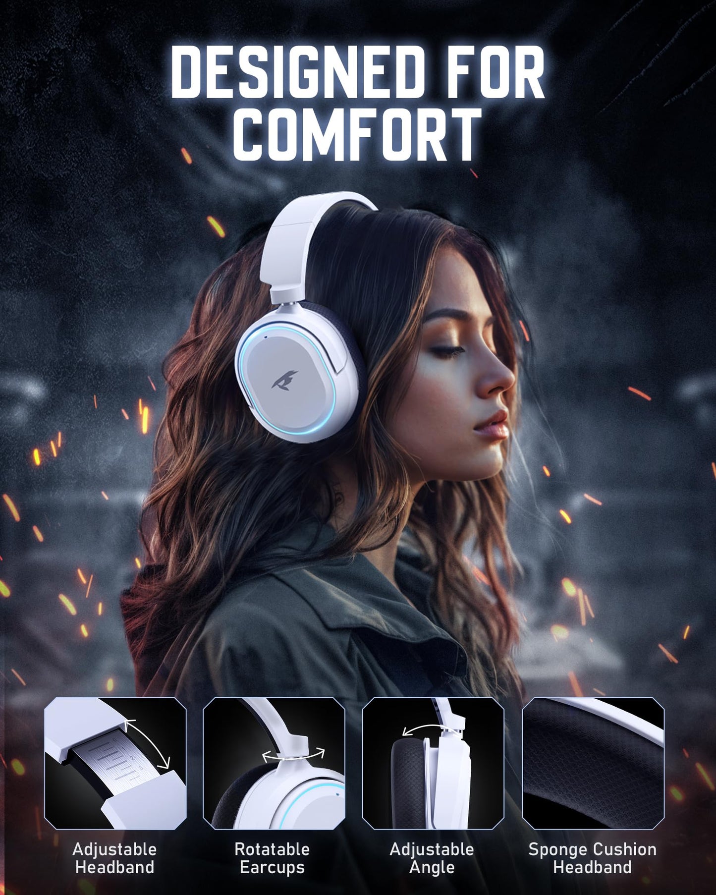 Wireless Gaming Headset, 7.1 Surround Sound, 2.4GHz USB Gaming Headphones with Bluetooth 5.4, 100H Battery, ENC Noise Canceling Mic, RGB Light, Wireless Headset for PC PS5 PS4 Mac Switch (Black-White)