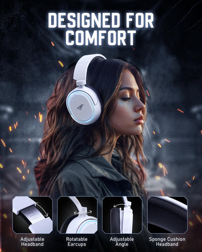 Wireless Gaming Headset, 7.1 Surround Sound, 2.4GHz USB Gaming Headphones with Bluetooth 5.4, 100H Battery, ENC Noise Canceling Mic, RGB Light, Wireless Headset for PC PS5 PS4 Mac Switch (Black-White)