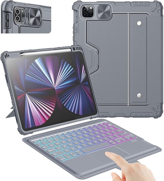Nillkin iPad Case with Keyboard, Magic Trackpad, Rugged Case with Detachable Keyboard, 7 Backlight Colors, Portrait/Landscape Modes, Gray