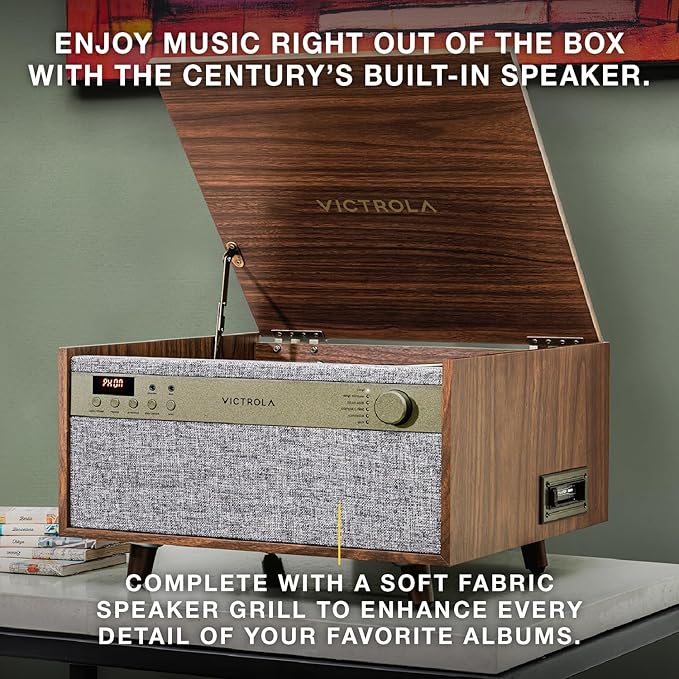Victrola Century 6-in-1 Vinyl Record Player & Music Center – 3-Speed Turntable, CD & Cassette Player, VINYLSTREAM, Bluetooth & 3.5mm Aux, Record Player with Speakers, Mid Century Design (Natural)