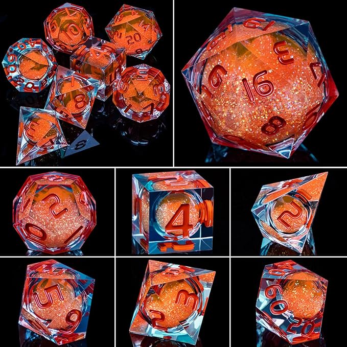 ARUOHHA Liquid Core DND Dice Set, 7pcs Resin Sharp Edged Dragons Dice Role Playing Games, RPG Orange Dungeons Polyhedral Dice with Gift Box D20 D12 D10 D8 D6 D4