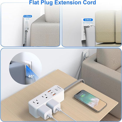 Extension Cord with Multiple outlets, 10 Ft Braided Power Cord, 6 Widely Outlets with 3 USB Ports (1 USB C), Ultra Thin Flat Plug, 3 Sided 1050J Power Strip Surge Protector for Home Travel Office