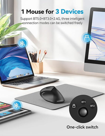 TECKNET Ergonomic Mouse, Rechargeable 2.4G+Bluetooth Vertical Mice 6 DPI Adjustable, Wireless Optical Carpal Tunnel Mouse for Right Hand, Silent 6 Buttons for Laptop, PC, MacBook, iPad - Black