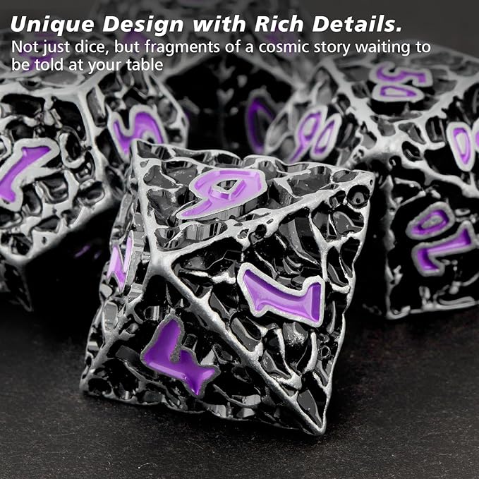 PJOY Metal Dice Set D&D for Dungeons and Dragons Dice with Case Meteorite Iron Purple 7PCS 16mm Role Playing Cool DND Gifts for Players DM Board Game Masters Wizards