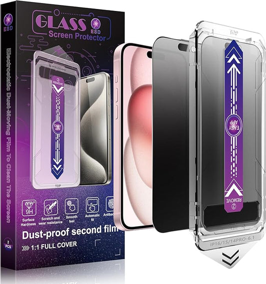 SHANG PIN JIA 2 Pack Matte Privacy Screen Protector for iPhone 16/15/14 Pro 6.1-Inch Auto Dust Removal, No Bubbles,Anti-Spy Tempered Glass Film, Easy Installation