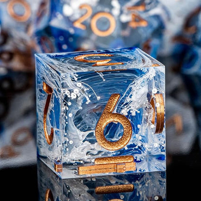 ARUOHHA Blue DND Resin Dice Set 7PCS Translucent Handmade RPG Polyhedral Sharp Edge Dice Set with Gift Box, Glitter Inclusions D and D Dice D20 D12 D10 D8 D6 D4