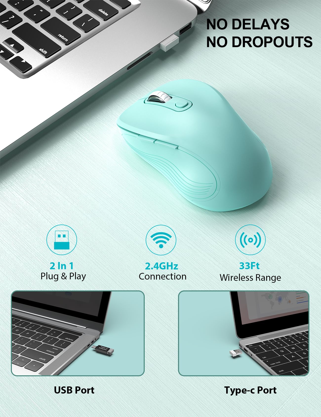 Trueque Wireless Mouse for Laptop, Ergonomic 6-Button Mouse, Mint Green