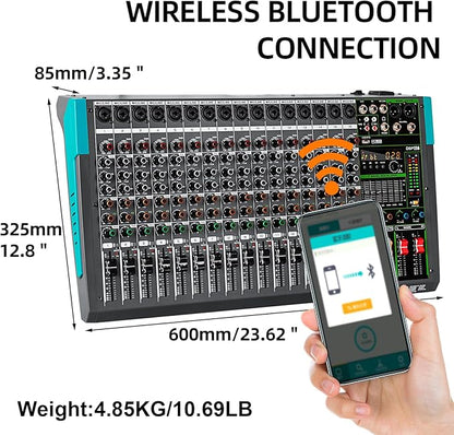Depusheng PA16 Professional Audio Mixer Sound Board Console Desk System Interface 16 Channel Digital USB Bluetooth MP3 Computer Input 48V Phantom Power Built-in 256 Reverb Effect, Black