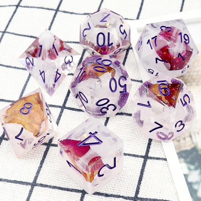 Haxtec DND Dice Set Rose Flower Sharp Edge Dice with Dice Case Handmade White Red Resin D&D Dice Set Purple Numbers for TTRPGs Compatible with Dungeons and Dragons Gifts