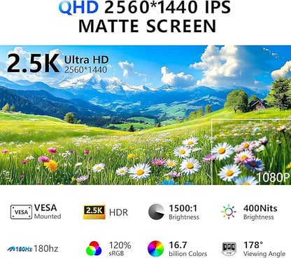 24” 2.5K 2560 * 1440 Portable Monitor 180Hz 120% sRGB USB-C HDMI Large Gaming Second Extender Display Monitor Adjustment Stand for MacBook Laptop,Camera,Desktop,PS5/4, Xbox, Switch,Phone