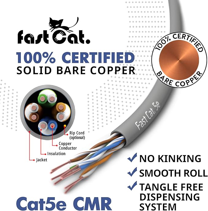 fast Cat. Cat5e Ethernet Cable 1000ft - 24 AWG, CMR, Insulated Bare Copper Wire Cat 5 ethernet Cable with FastReel - 350MHZ / Gigabit Speed UTP Cable Cat5e - CMR (Orange)