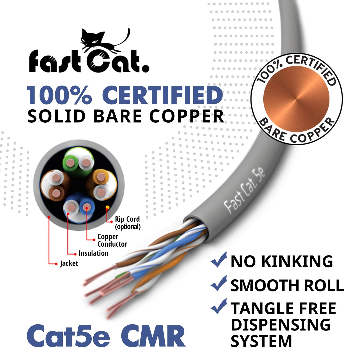 fast Cat. Cat5e Ethernet Cable 1000ft - ETL Listed 24 AWG, CMR, Insulated Bare Copper Wire Cat 5 ethernet Cable with FastReel - 350MHZ / Gigabit Speed UTP Cable Cat5e - CMR (Blue)
