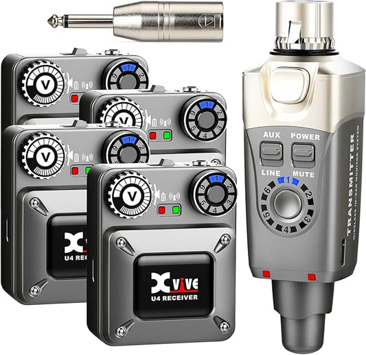 Xvive U4R4 Wireless in-Ear Monitor System Professional IEM System,1 Transmitter and 4 Beltpack Receiver for Studio, Band Rehearsal,Live Performance