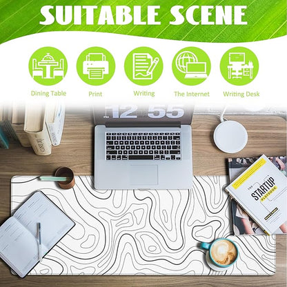 Desk Mat,White Topographic Contour Map Desk Pad,Topographic Contour Large Gaming Mouse Pad for Desk,Extended Big Computer Keyboard Mouse Pad with Non-Slip Base and Stitched Edge,31.5"x11.8"