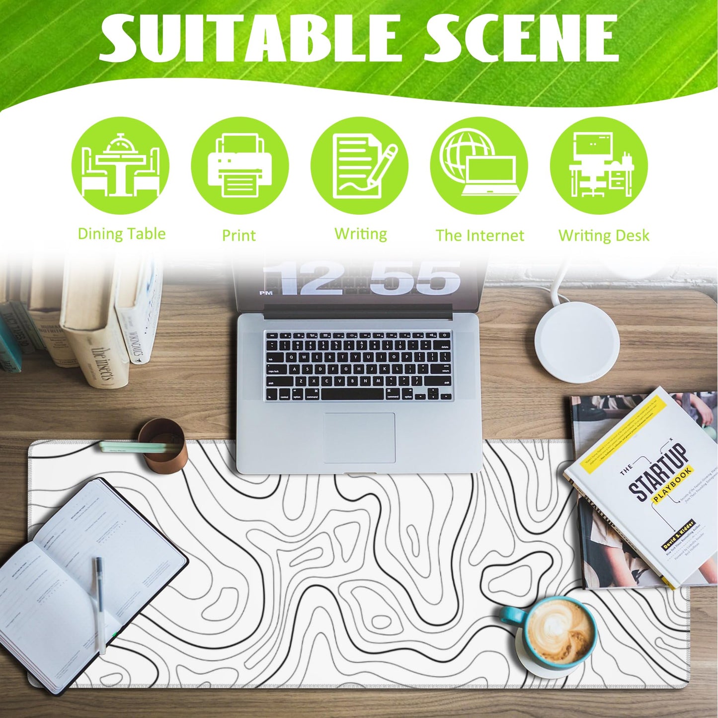 Eflxamz Desk Mat,White Topographic Contour Map Desk Pad,Topographic Contour Large Gaming Mouse Pad for Desk,Extended Big Computer Keyboard Mouse Pad with Non-Slip Base and Stitched Edge,31.5"x11.8"