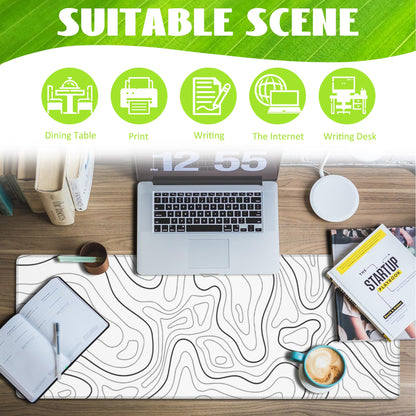 Eflxamz Desk Mat,White Topographic Contour Map Desk Pad,Topographic Contour Large Gaming Mouse Pad for Desk,Extended Big Computer Keyboard Mouse Pad with Non-Slip Base and Stitched Edge,31.5"x11.8"