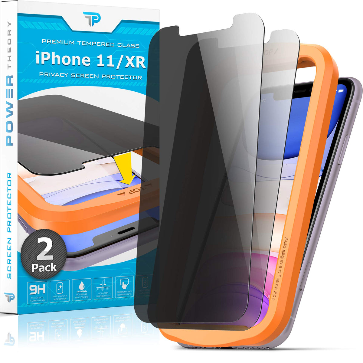 Power Theory Designed for iPhone 11, iPhone XR Screen Protector Tempered Glass [9H Hardness], Easy Install Kit, 99% HD Bubble Free Clear, Case Friendly, Anti-Scratch, 2 Pack