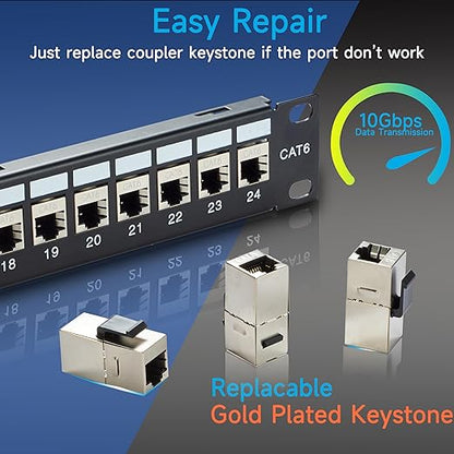 24 Port RJ45 Patch Panel Cat6 STP Feed Through, Coupler Network Panel 19 Inch, Inline Keystone Ethernet Patch Panel with Back Bar