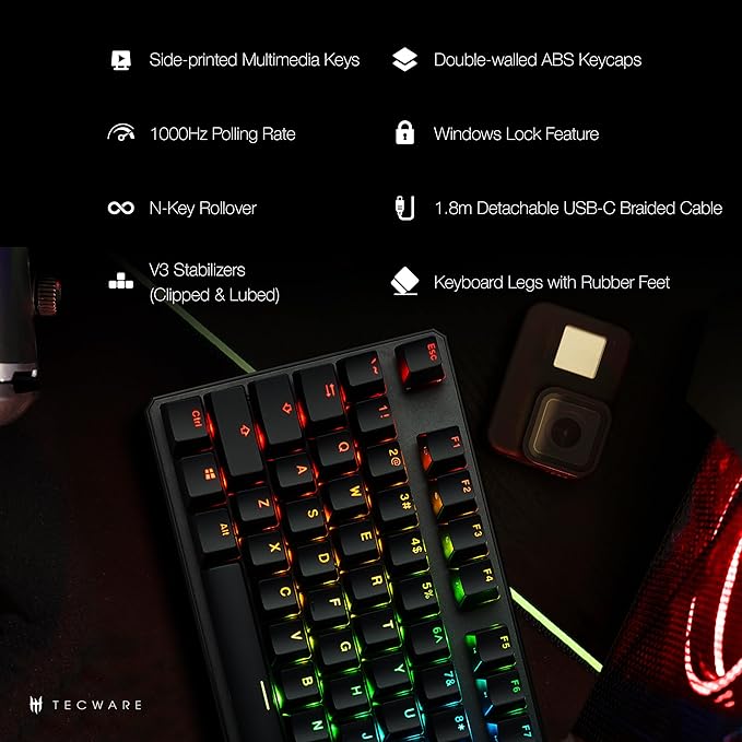 TECWARE Phantom+ 87 Key Mechanical Gaming Keyboard, RGB led, TKL 75% Keyboard, Thocky Sounding, Wraith Brown Switch