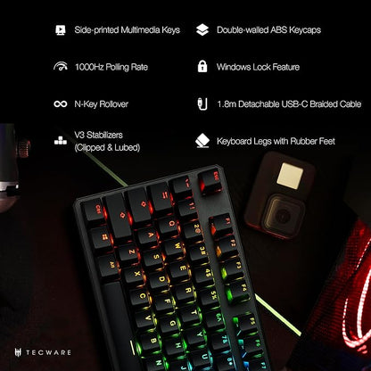 TECWARE Phantom+ 87 Key Mechanical Gaming Keyboard, RGB led, TKL 75% Keyboard, Thocky Sounding, Wraith Brown Switch