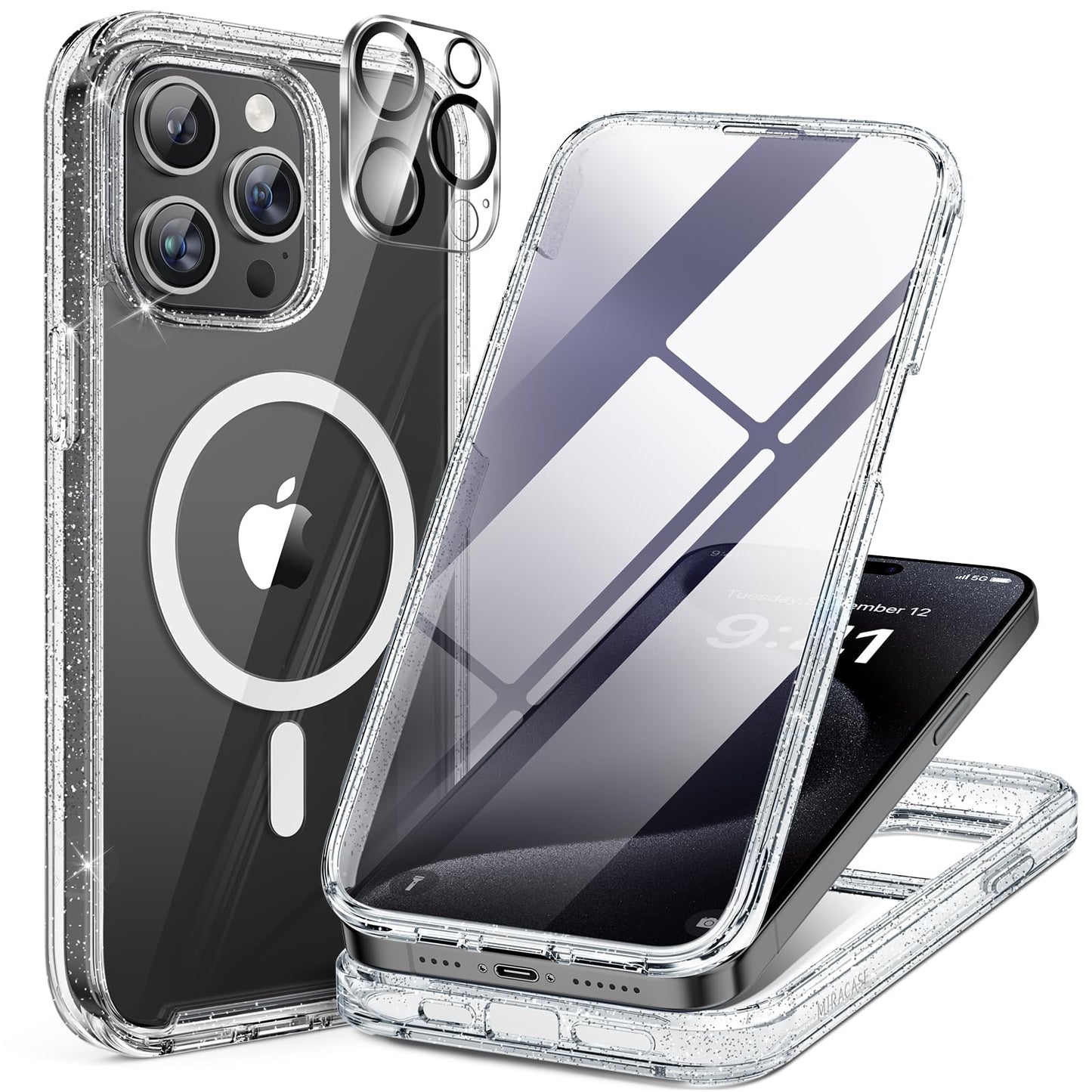 Miracase Magnetic for iPhone 15 Pro Max Case 6.7'' [Compatible with Magsafe] Full-Body Drop Proof Phone Case for iPhone 15 Pro Max with Built-in 9H Tempered Glass Screen Protector,Clear Glitter