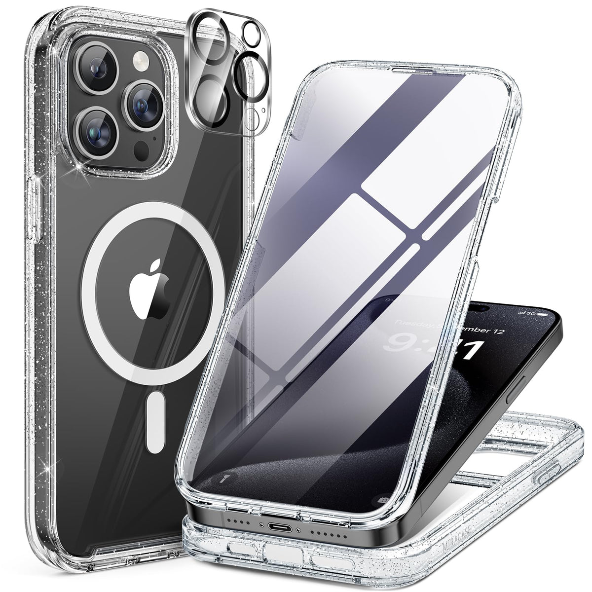 Miracase for iPhone 13 Case 6.1'',Full-Body Magnetic Clear Bumper Case with Built-in 9H Tempered Glass Screen Protector,Military Drop Protection Outdoor Phone Case — iPhone 15 Pro Max