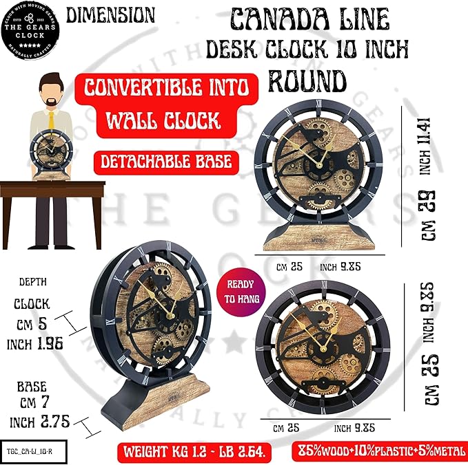 ImprovingLife The Gears Clock Desk Clock 10 inches with Real Moving Gears Convertible into Wall Clock (Grey & White)