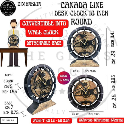 Desk Clock 10 inches with Real Moving Gears Convertible into Wall Clock (Brown and Grey)