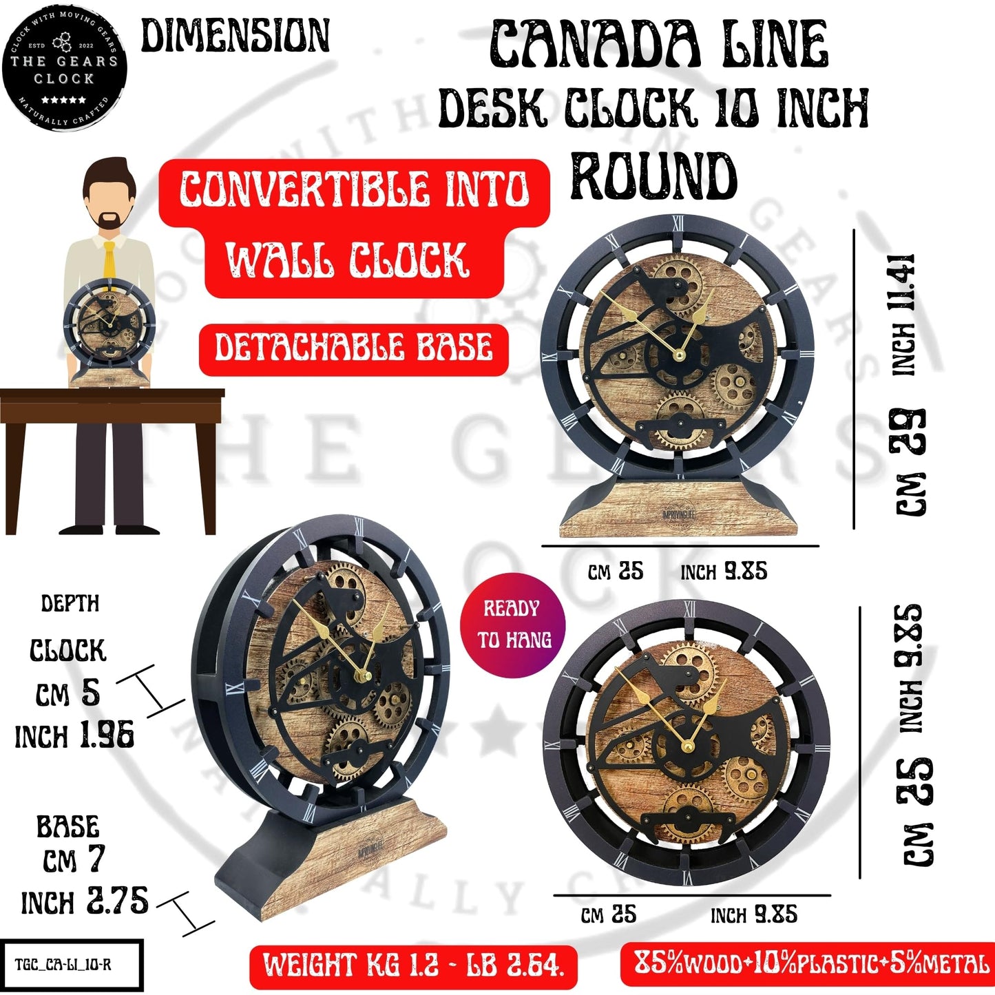 ImprovingLife The Gears Clock Desk Clock 10 inches with Real Moving Gears Convertible into Wall Clock (Silver Glamour)