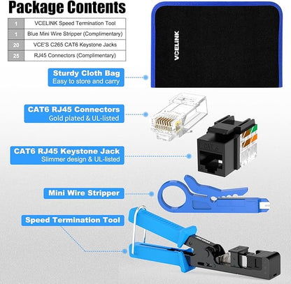 VCELINK Speed Termination Tool for VCE 90-Degree Keystone Jacks Punch Down Network Tool Kit with 20-Pack CAT6 Keystone Jacks UL-Listed Black, 25-Pack RJ45 Connectors, and 1-Pack Mini Wire Stripper