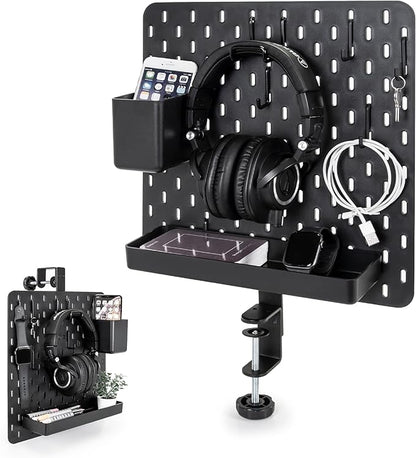 EHO Clamp-On Desk Pegboard, 13.5 x 14 inch Privacy Divider, Desk Partition Panel, No-Drill Desk Mounted Organizer, Combination Peg Board for Office, Gaming, Home, Plants, Black