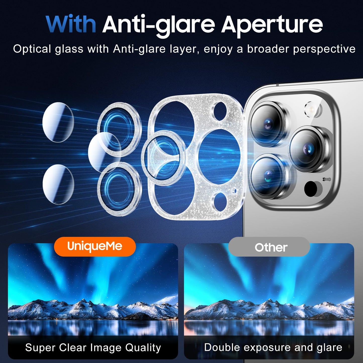 UniqueMe 3 Packs Compatible for iPhone 13 Pro Max/iPhone 13 Pro Camera Lens Protector Acrylic [Not Glass],[Case Friendly][Scratch-Resistant][Night Shooting Mode]-Glitter Silver