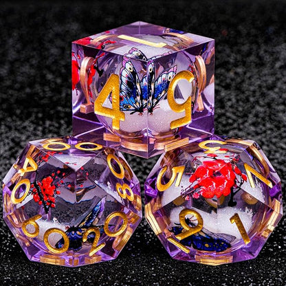 Butterfly DND Dice Purple Liquid Core Dice Set with Metal Box, Handmade Sharp Edge D and D Polyhedral Dice for use with D&D Role Playing Game, D20 D12 D10 D8 D6