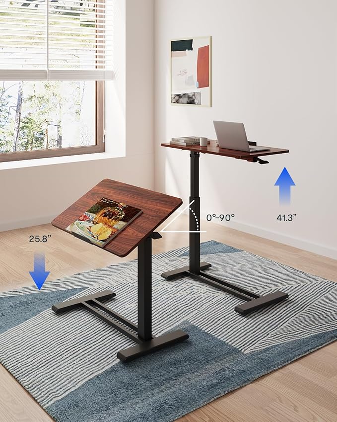 FLEXISPOT H7 PRO Mobile Standing Desk Adjustable Overbed Table Pneumatic with Wheels 90°Tiltable Portable Laptop Desk Rolling Computer Cart Foldable Bedside Table(31.5" W x 17.7" D, Mahogany)