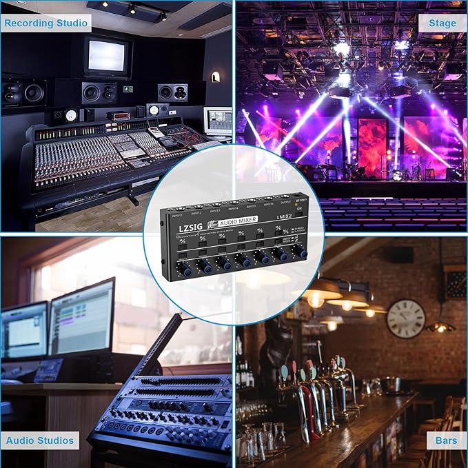 LZSIG Mini Audio Mixer,Stereo Line Mixer for Sub-Mixing,Ultra Low-Noise,6-Channel,Microphone Independent Control, 1/4" & 1/8" TRS Output and Input, for Guitars,Bass,Keyboards