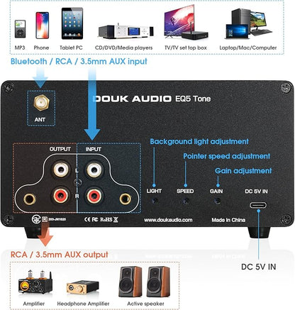 Douk Audio 5 Band Equalizer Bluetooth EQ Preamp for Home Stereo/Computer Speaker/Amplifier with VU Meter (EQ5 Tone Upgraded Version)