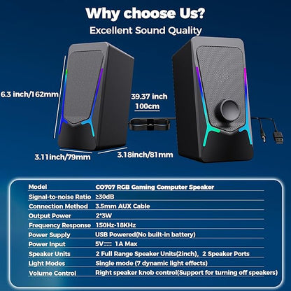 ROSON Computer Speakers, Gaming PC Speakers with Enhanced Bass and Volume Control, Stereo 2.0 USB Powered 3.5mm Aux Multimedia Speakers for Laptop/Desktop/Tablets/Phone
