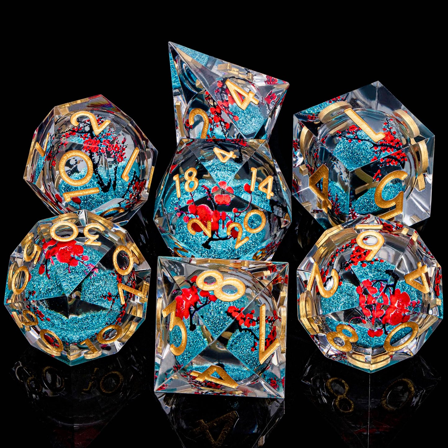ORIFANTOU Plum Blossom DND Dice Blue Liquid Core Dice Set with Metal Box, Handmade Sharp Edge Dice D and D Polyhedral Dice for use with D&D RPG Role Playing Game ﻿