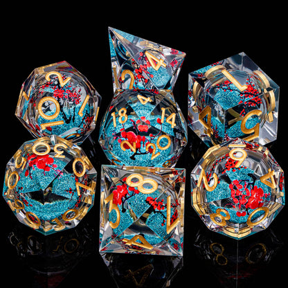 ORIFANTOU Plum Blossom DND Dice Blue Liquid Core Dice Set with Metal Box, Handmade Sharp Edge Dice D and D Polyhedral Dice for use with D&D RPG Role Playing Game ﻿