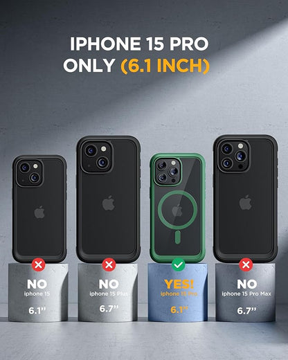 Miracase Magnetic for iPhone 15 Pro Case [Compatible with MagSafe] Full-Body Bumper Phone case with Built-in Glass Screen Protector& Camera Protector, Military Drop Proof 15 Pro Cover, Magnetic Green
