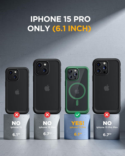 Miracase Magnetic for iPhone 15 Pro Case [Compatible with MagSafe] Full-Body Bumper Phone case with Built-in Glass Screen Protector& Camera Protector, Military Drop Proof 15 Pro Cover, Magnetic Green