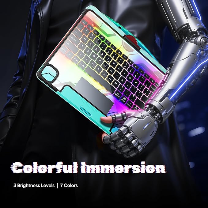 KITONE Transparent Case with Wireless Keyboard only for 2024 iPad Pro 11-in.(M4), 7 Colors Backlight, Trackpad, 360°Rotating Stand for iPad Pro 11(5th Gen), Tech Style