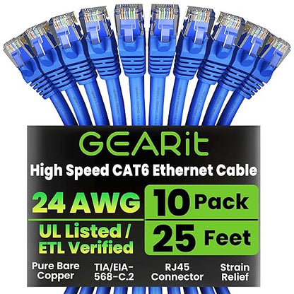 GearIT Cat 6 Ethernet Cable Pack - 10-Pack 25 ft Cat6 Ethernet Patch Cables | RJ45 Network Patch Cable, 10 Gbps Snagless Gold-Plated Connectors - Ethernet Cable Cat 6 for PC, TV, Router - Blue