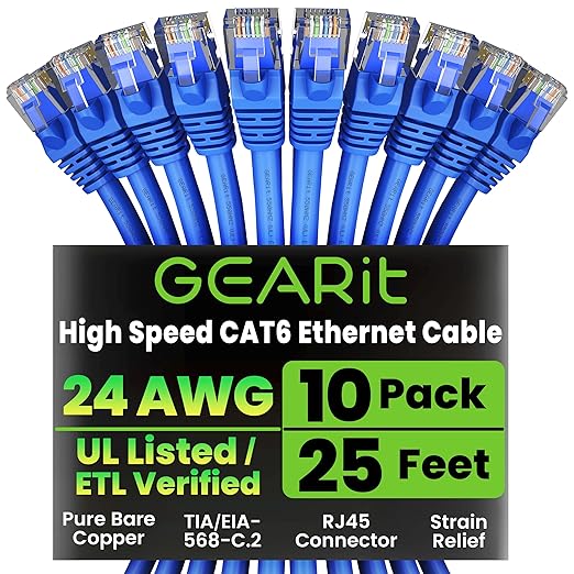 GEARit Cat 6 Ethernet Patch Cable 25 ft Blue (10 Pack) - Cat6 Patch Cables 25ft Blue/Ethernet Patch Cable, 10Gbps 550MHz 24AWG Pure Copper, Snagless, Gold Plated RJ45 for Router, Server, Router, PC