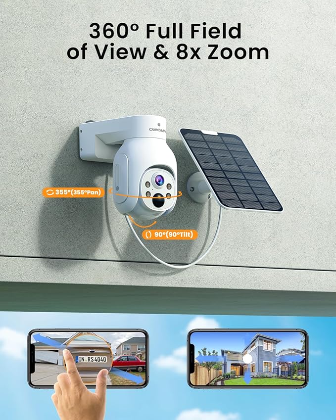 Camcamp Wireless Security Camera System, Solar Powered PTZ 4MP 6 Cam-kit Camera Security System, 500GB HDD NVR,Easy Installation, Color Night Vision, 2 Way Audio, 2.4G & 5G WiFi for Home Outdoor