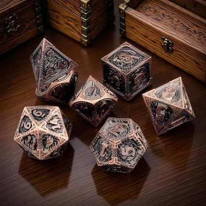 PJOY Metal DND Dice Set D&D Dragon Dice Copper with Metal Case D and D Dice for Dungeons and Dragons TTRPG Gifts