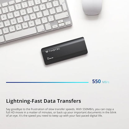 Timetec 512GB Portable External SSD USB3.2 Gen2 Type C Up to 550MB/s Ultra-Light Aluminum Mini External Solid State Drive with USB C to A Cable/USB A to C adapter for Desktops/Laptop/Mac/Mobile- Black