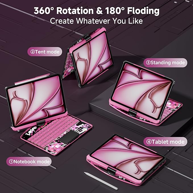 iPad Keyboard Case for 2024 M4 iPad Pro 11 inch, Magic Wireless Keyboard with Trackpad 7 Color Backlit, 360° Rotating Stand Transparent Protective Cover with Pencil Holder (Pink)