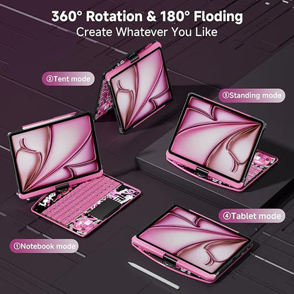 iPad Keyboard Case for 2024 M4 iPad Pro 11 inch, Magic Wireless Keyboard with Trackpad 7 Color Backlit, 360° Rotating Stand Transparent Protective Cover with Pencil Holder (Pink)