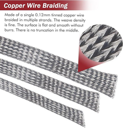Tinned Copper Metal Braid Sleeving Wire Shielding Sleeve Braided Copper Ground Straps EMI/RFI Interference Expandable Flat Mesh Shielding Cable for Protect Wire (5/16inch-22ft)